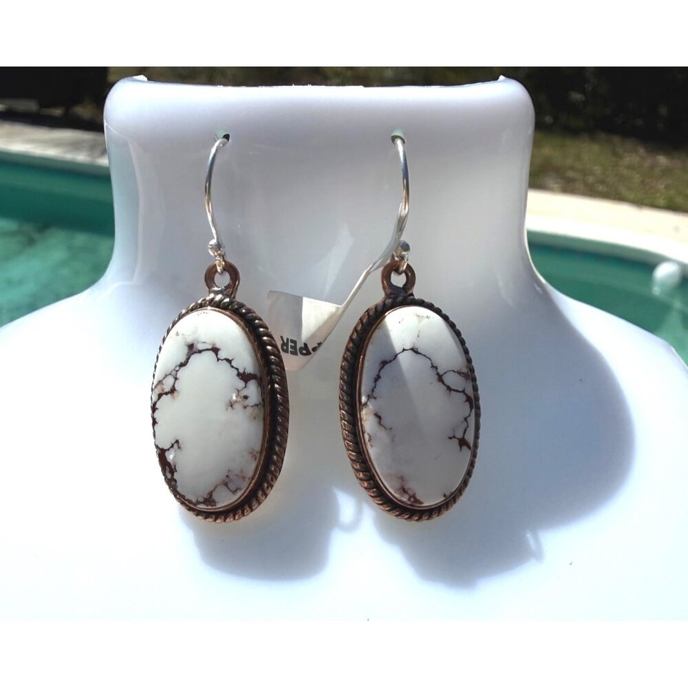 Artisan Wild Horse Copper  Oval Statement Dangle Earrings Sterling Silver Hooks